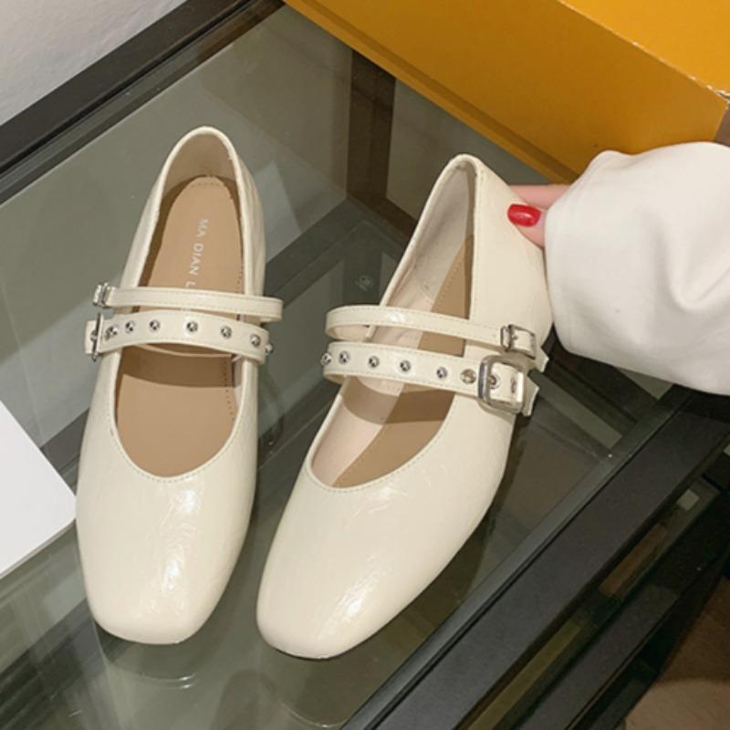 Fashion Spring new single shoes women's fashion square head shallow mouth rivets metal one-line buckle soft sole non-slip flat shoes