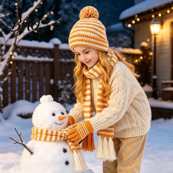 Soft Skin Friendly Winter Set 1 Hat Scarf Gloves for Kids, Fleece Lined Striped Knit with Children Elastic Ribbed Pom Pom, Cozy Toddlers Boys