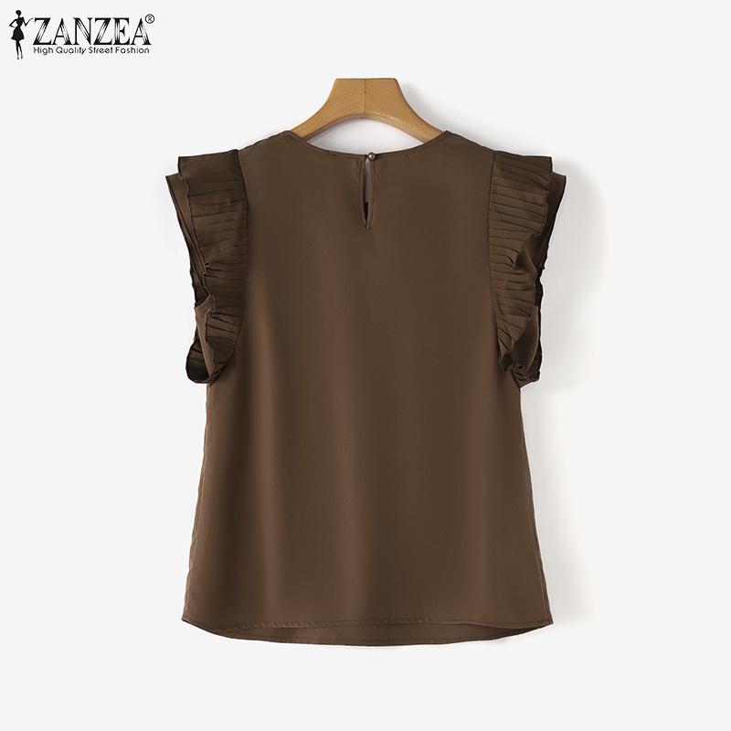 ZANZEA Women Casual Round Neck Splice Short Sleeve Summer Blouse