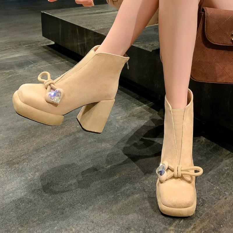 Bow Women's Boots Sexy High Heels Luxury Crystal Suede Shoes  Fashion Pumps Chelsea Boots New Elegant Dress Ladies Boots