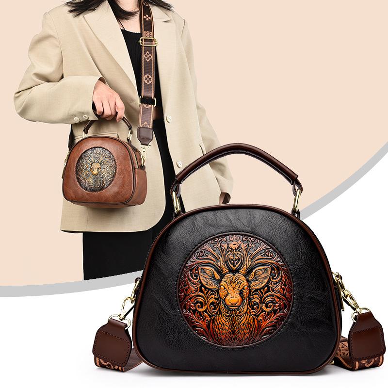 Exquisite Hand-Tooled PU Bag with Deer Design – Vintage-Inspired Crossbody and Top-Handle Bag for Women