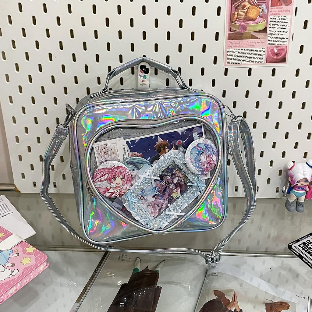 Holographic PU Leather Cute Heart Pin Display ITA Bag Girls Student Rucksack Crossbody Itabag Female Lolita Purse School Bag