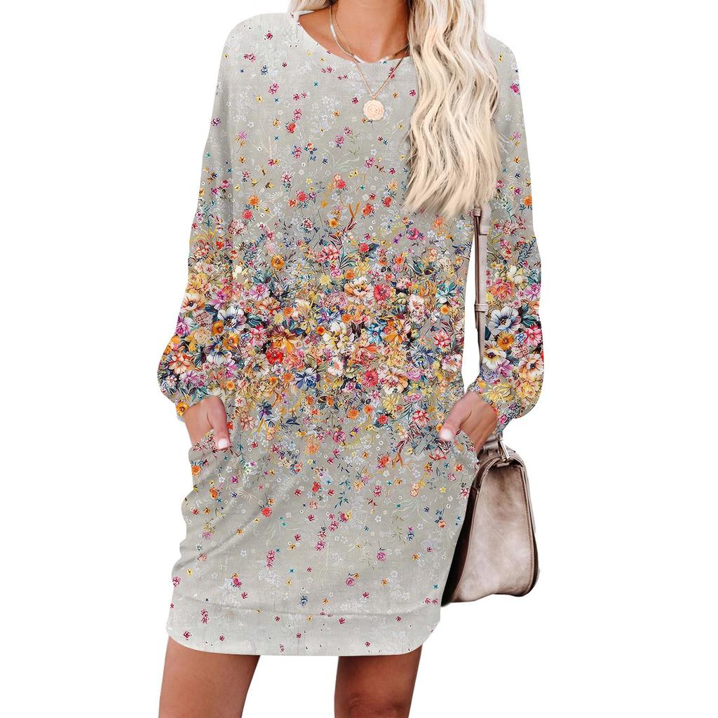 Damen Retro Bedrucktes Modisches Langarm Rundhals Taschenkleid