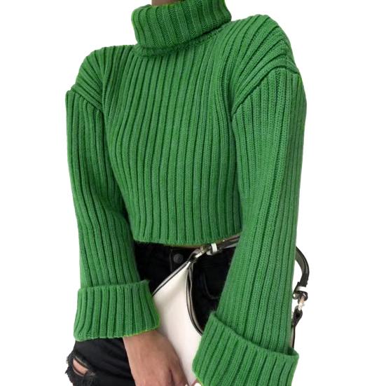 Women Sweater High Collar Flared Long Sleeve Short Knitting Tops Solid Color Loose Fit Ribbed Casual Knitwear