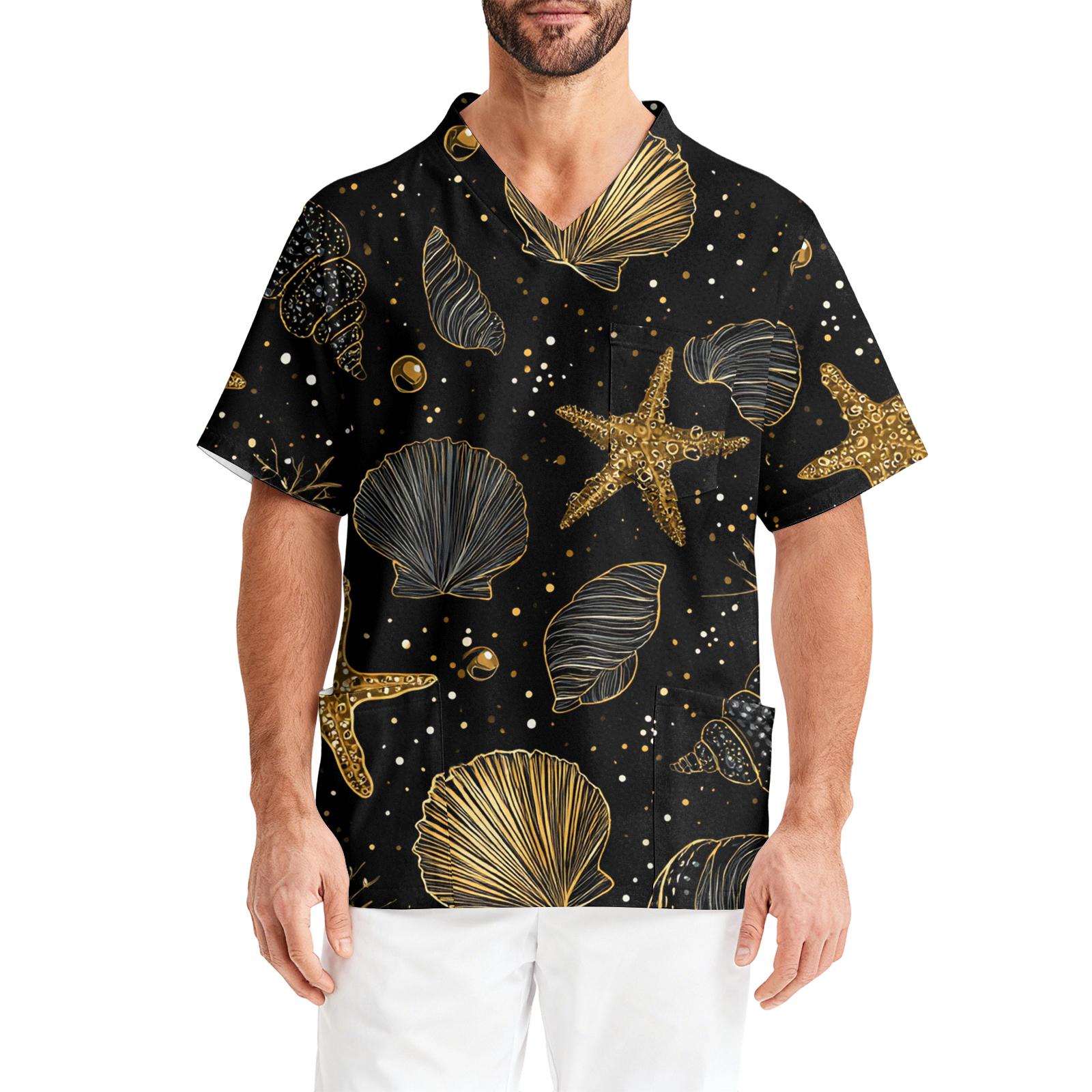 Мужская рабочая блузка с принтом, коротким рукавом, V-образным вырезом, нагрудным карманом, топ для ухода S чёрный