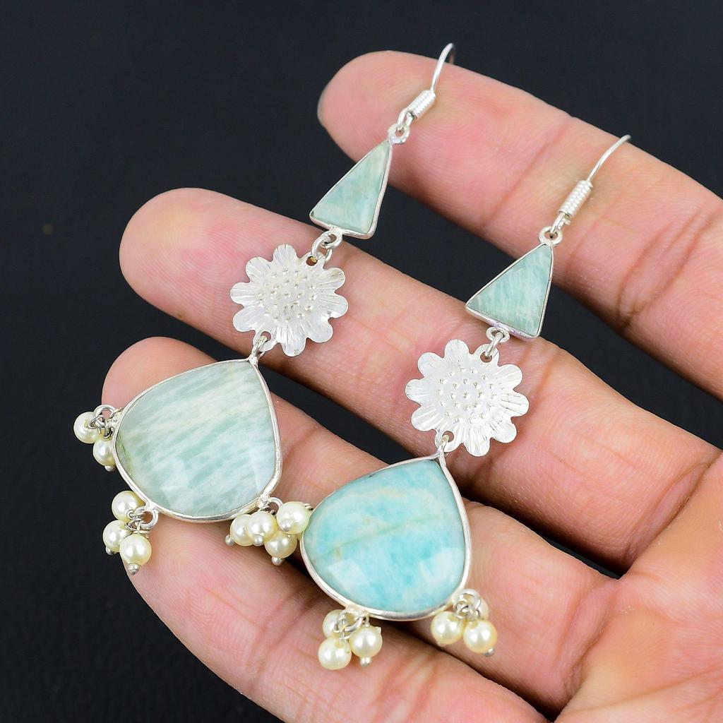 Sisters Day Deal 925 Sterling Silver Amazonite Gemstone Dangle Wife New Earrings