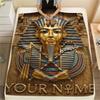 1PC Custom Name Golden Egyptian Pharaoh Patterned Flannel Blanket Suitable For All Seasons for Home Decor Warmth and Comfort Gifts Holiday Present_lx