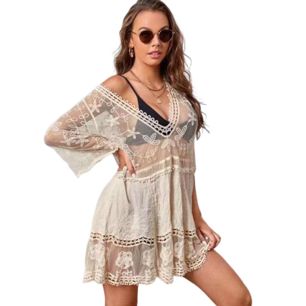 V Neck Summer Sunscreen Smock Loose Beachwear Shirt Fashion Bikini Cover-Ups for Women