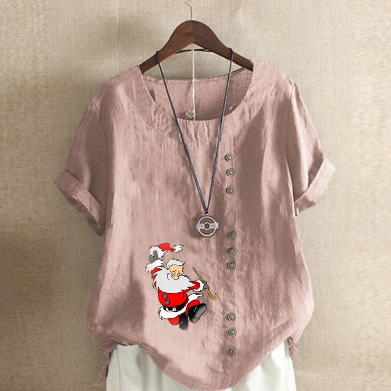 Women's Fashion Santa Claus Prined Round Neck Short Sleeve T-shirt Casual Cotton Linen Graphic Shirt Leisure Loose Summer Blouse Tops