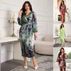 European and American Women's Clothing Temperament Elegant Women's Clothing Printed V-neck Cardigan Lace-up Long-sleeved Dress