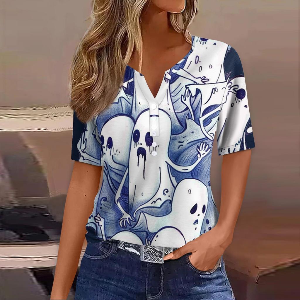 Dames T-skjorte Tee Halloween Trykket Knapp Kortermet Tunika Daglig Helgemote Basic V-hals Vanlig Topp