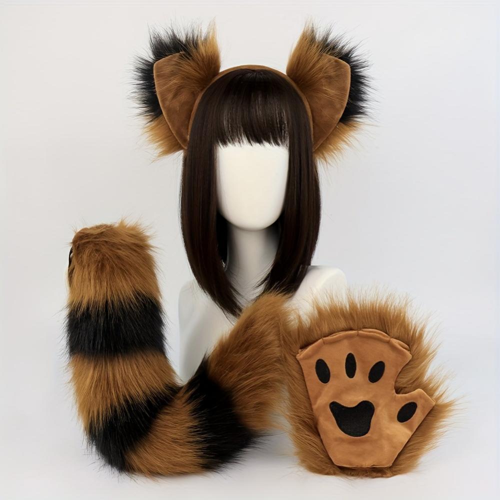 3-Pack Anime Cosplay Fox Ear Headbands, Fluffy Tail and Paw Gloves, Cute Faux Fur Animal Costume Accessories for Halloween Parties