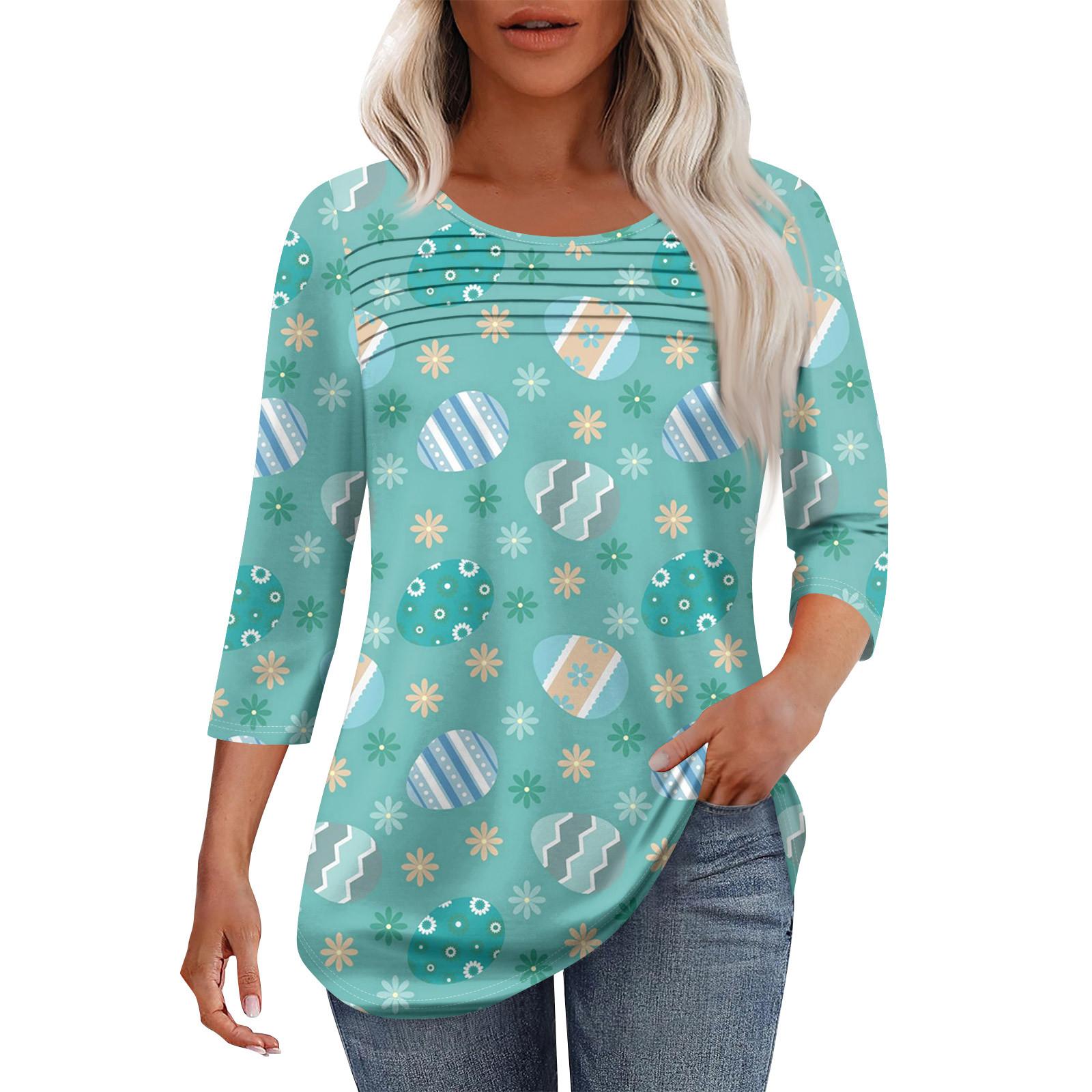 

Женская мода круглый вырез шея плиссированная передняя планка с принтом рукав 3/4 топ S