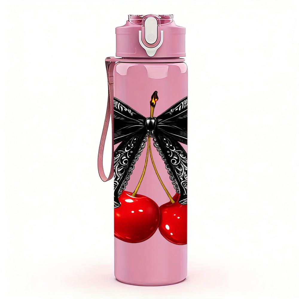 1PC Black Bow Fresh Red Cherry Fruit Print 750ml Color Plastic Sports Water Bottle Leakproof Flip Straw Lid Suitable for Sports Office Home Use