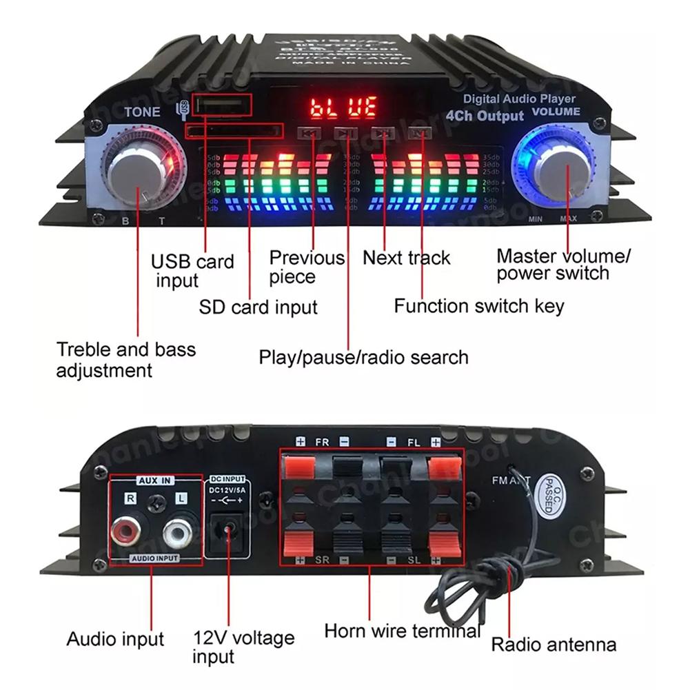 1600W 12V Car BT HiFi Stereo BT-998 Čtečka karet USB s FM rádiem USB Flash Auto Drive 4kanálový zesilovač Nástroje pro dálkové ovládání