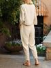 Women's Retro Linen Two-Piece Suit - Casual Spring/Summer Style with Elastic Waist and Drawstring