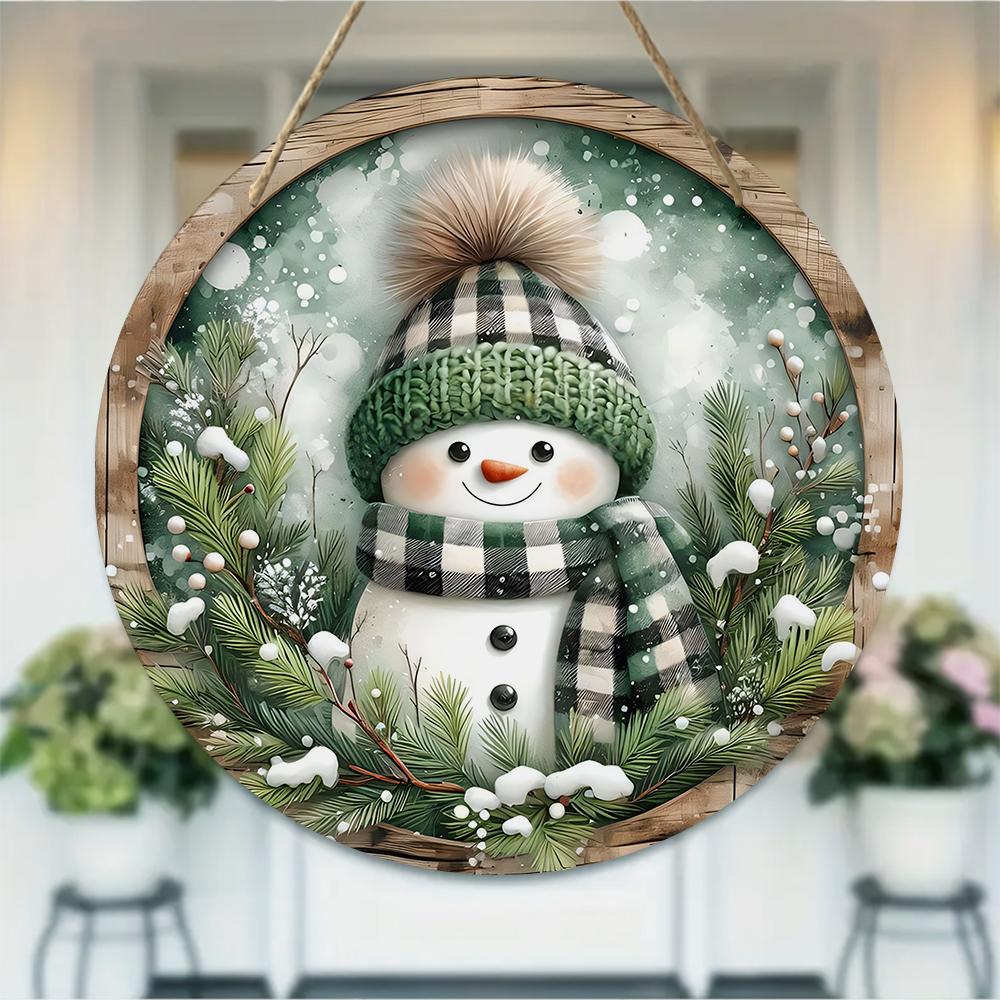 Rustic Farmhouse Snowman Print Round Wooden Hanging Plaque Winter Pine Wreath Wall Decor Front Door Hanging Sign Indoor Outdoor Holiday Decoration