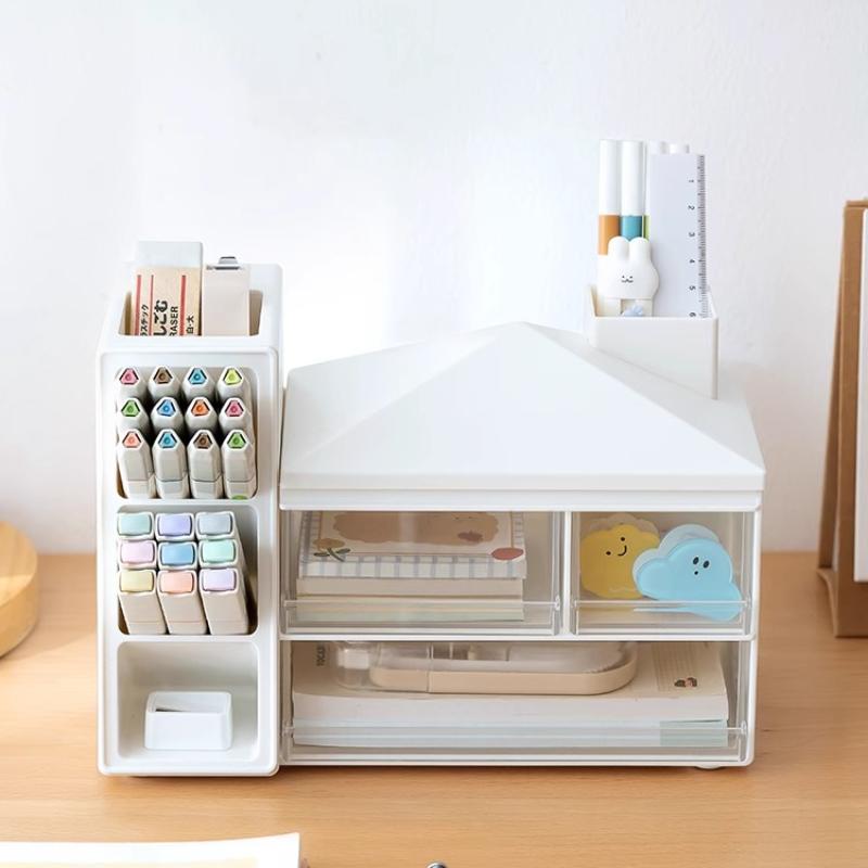 Creative Oblique Pen Holder Storage Box with Drawer Organizer Large Capacity Office Table Stationery Files Organizer with Cover