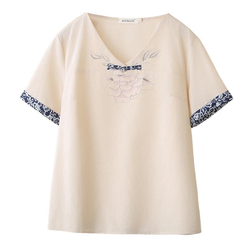 B1 Plus Size Women's Ethnic V-Neck Short Sleeve Cotton Linen Shirt - Summer 2026 Arrivals