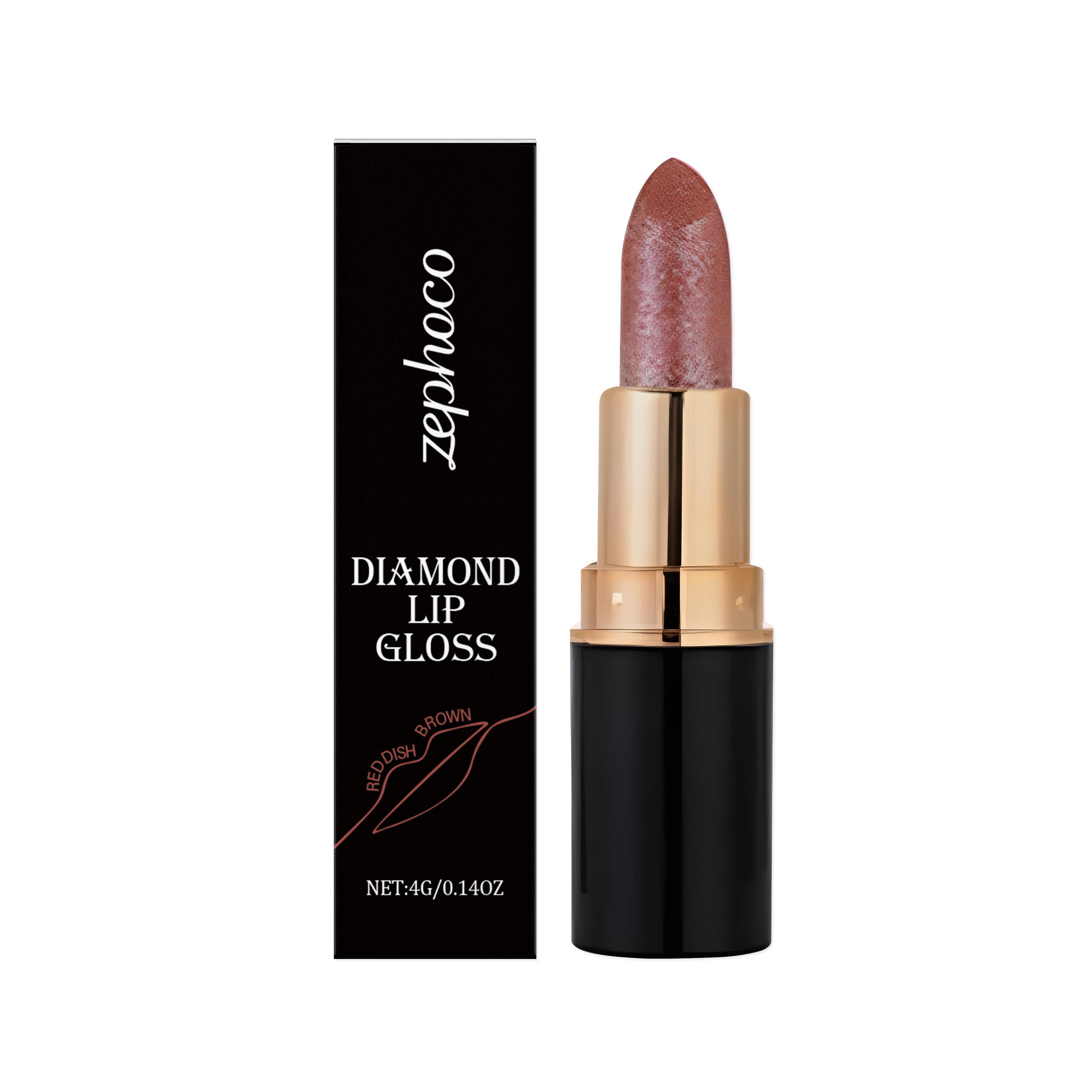 zephoco Red-Brown Diamond Lip Gloss Shimmer Lipstick, Smooth and Easy to Apply, Rich Shine, Versatile