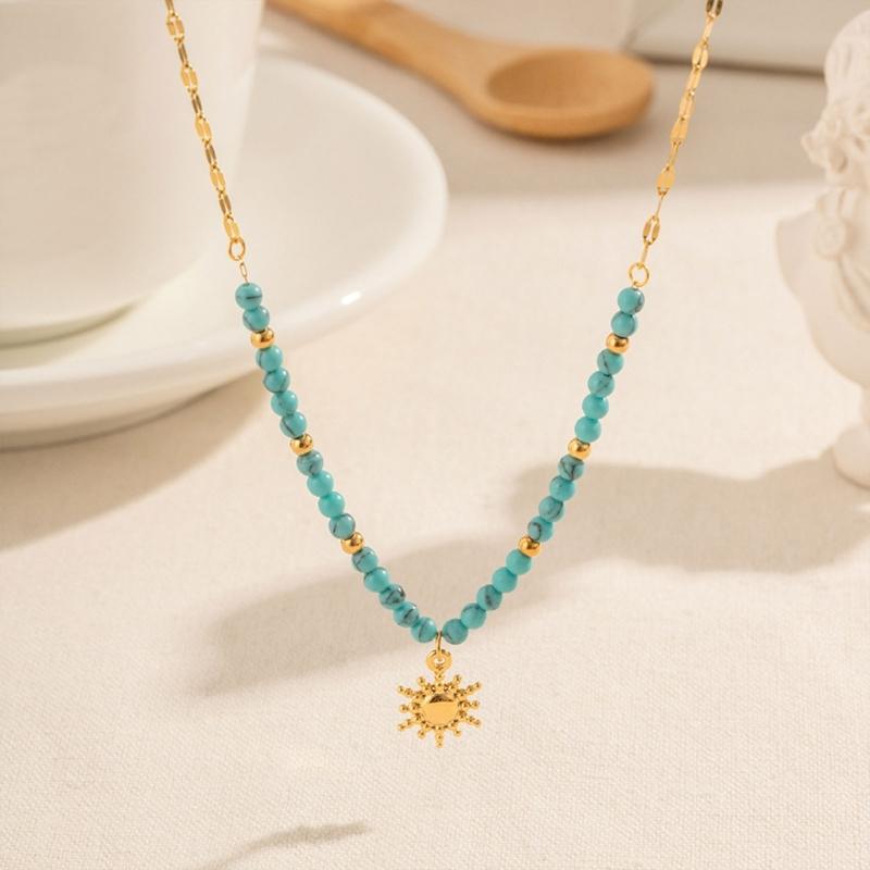 18K Gold Plated Pearls Chain Sun Pendant Necklace Sturdy Stainless Steel Waterproof Jewelry Accessory for Women