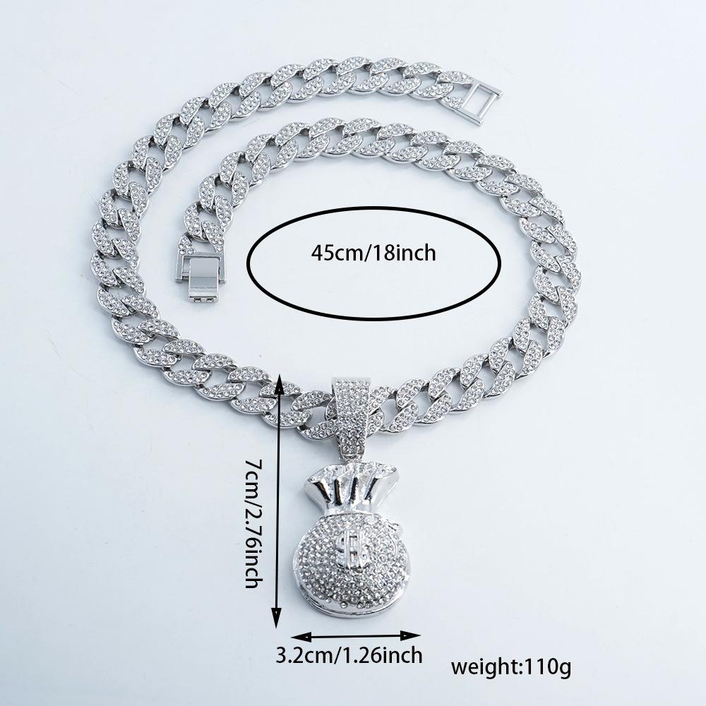Hip Hop Chinese Style Money Bag Dollar $Symbol Pendant Street Hip Hop Full Diamond Money Bag Cuban Chain Jewelry