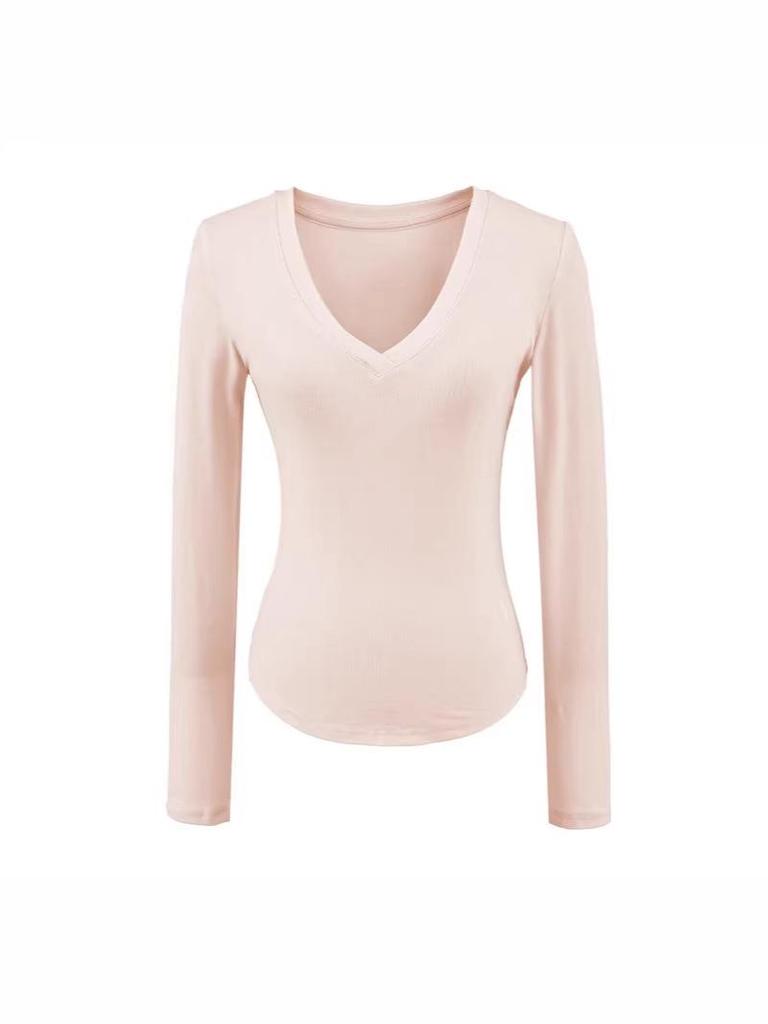 Korean V-Neck Long-Sleeve Slim Fit Sheer T-Shirt for Women - Autumn Essential