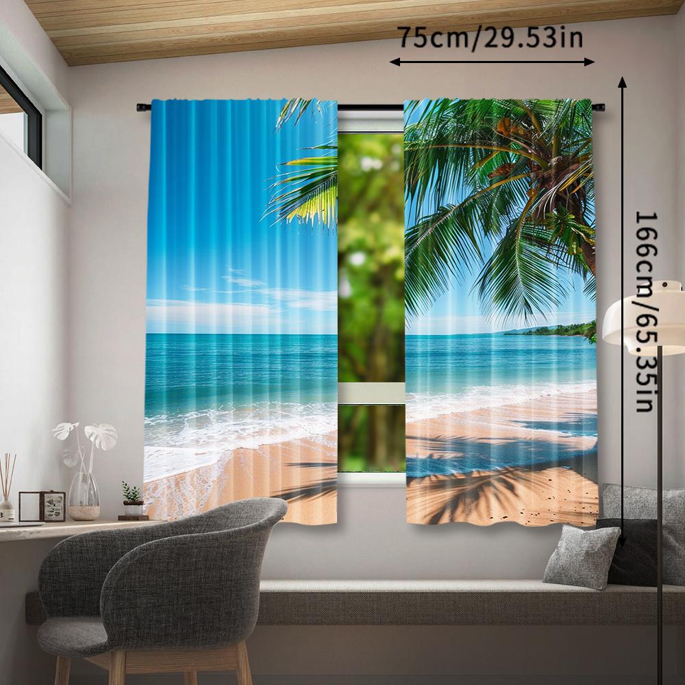 2Pcs Polyester Tropical Beach Treatment Printing Window Curtains Birthday Party Decoration Backdrop Drapes for Living Room