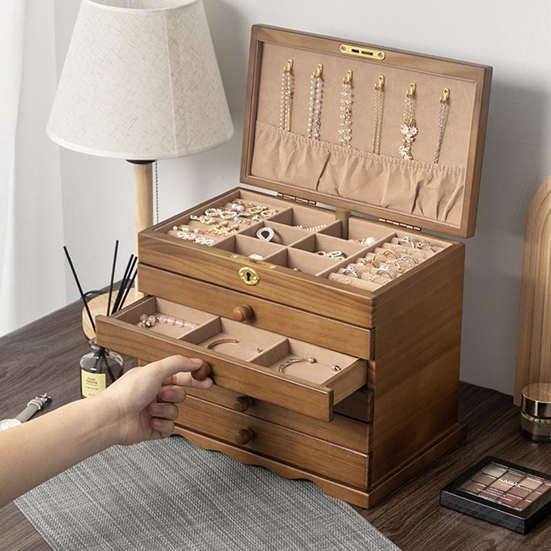 High-End Vintage Solid Wood Multi-layer Jewelry Box with Lock - Large Capacity for Necklace & Ring Storage