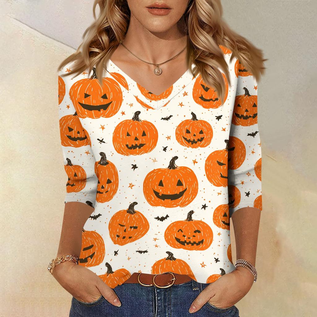 Womens Casual V Neck Three Quarter Sleeve Top Halloween Print Loose Fit Pullover Shirt Lightweight Soft Fabric