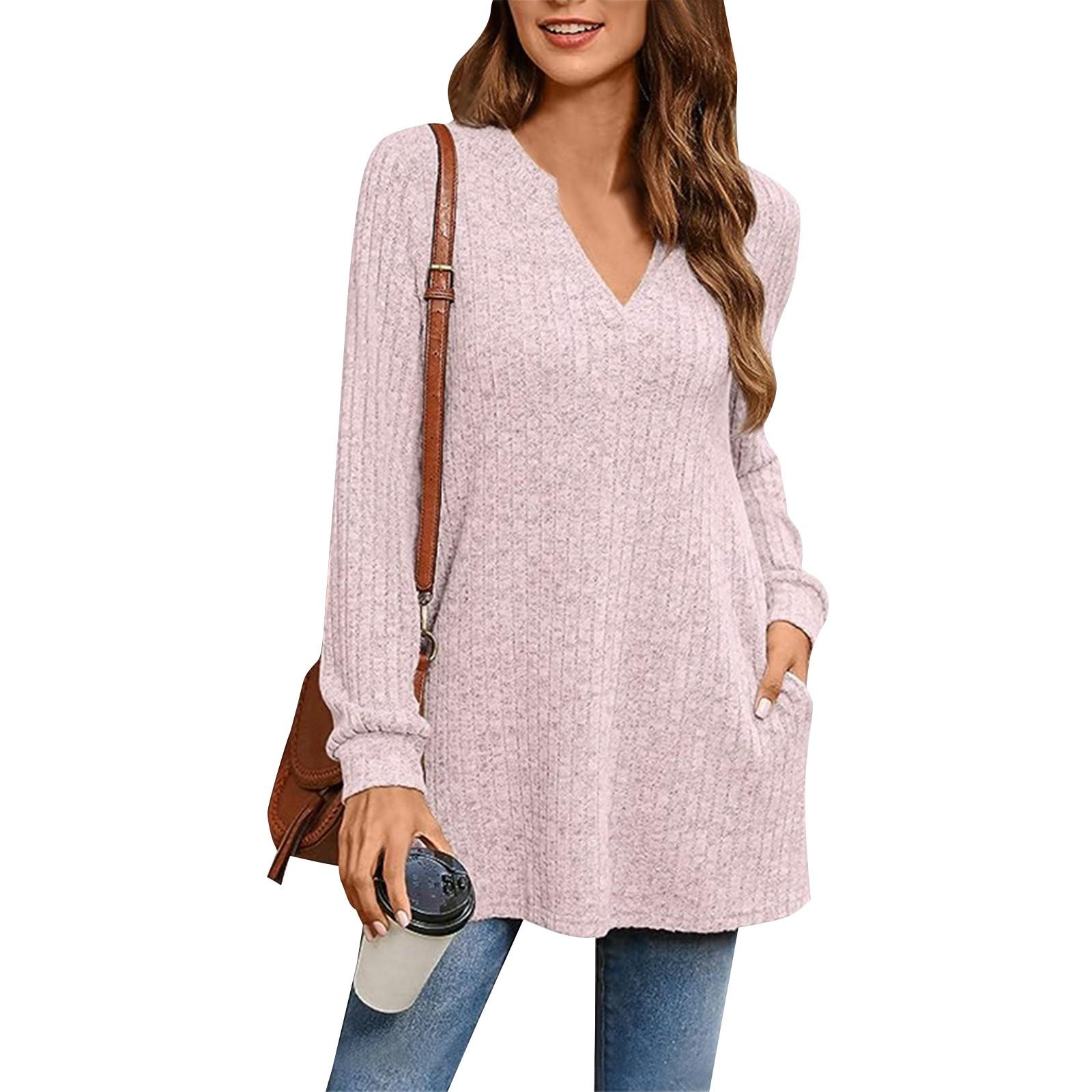 

Женская мода повседневная однотонная трикотажная кофта с длинным рукавом и боковыми разрезами, свободный топ с карманом XL розовый