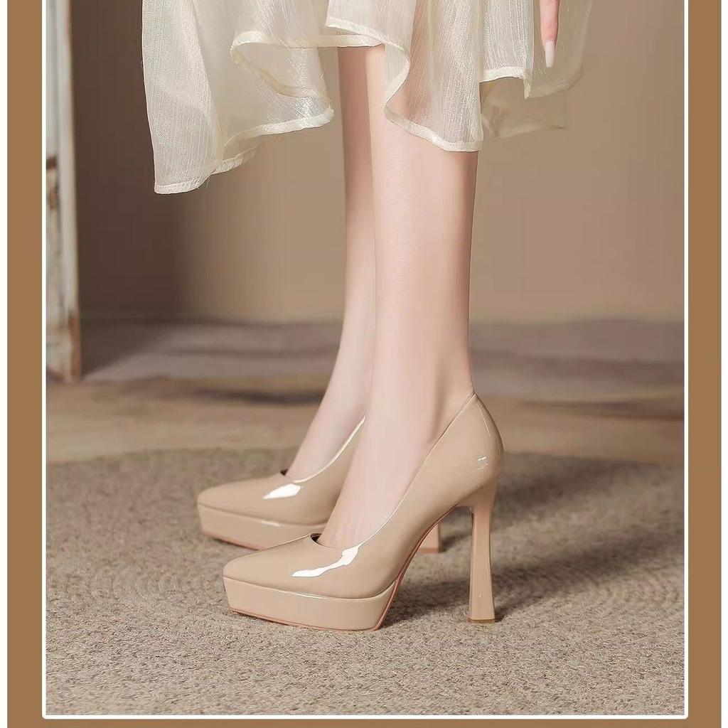 Walking Show, Spring and Autumn Thick Heels, Light Luxury Women's Versatile and Not Tired of Foot Etiquette, Red High Heels, Patent 