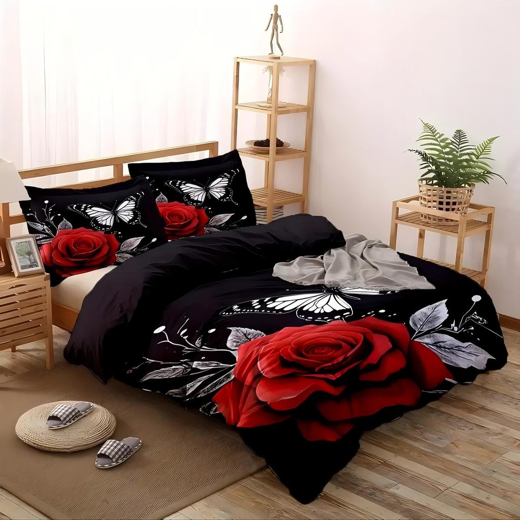 Comforter Black White Butterfly Red Rose 3D Print Elegant Romantic Modern Style Bedding Set Home Textiles S
