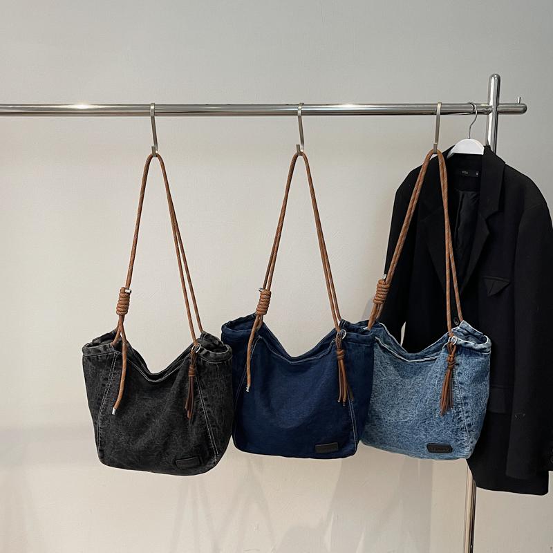 Duża Pojemność Retro Jeansowa Torba Damska Jednokolorowa Na Ramię Crossbody