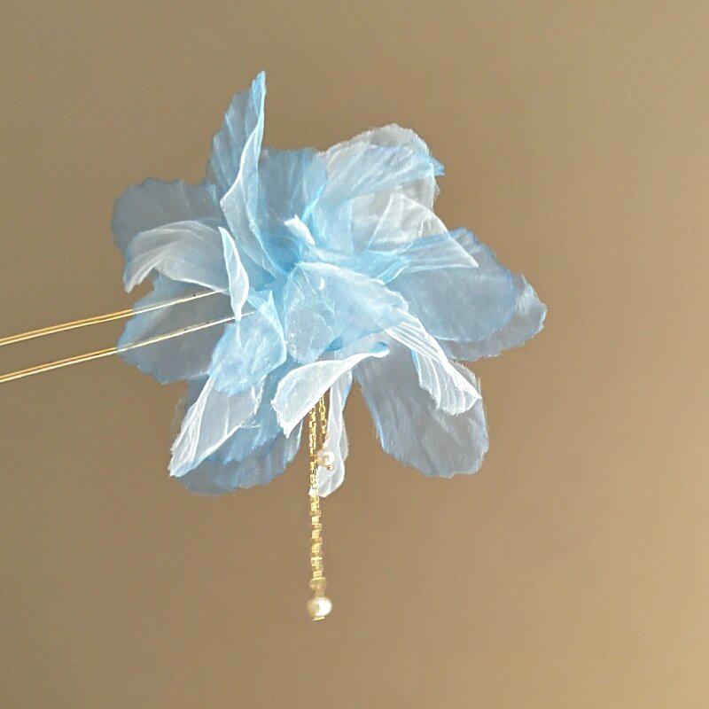 

Atmosphere Floral Tassel Sweet Hairpin At The Back of The Head Fabric Pearl Hairpin Hair Accessory Luxury Exquisite Hairpin New синий