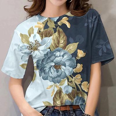 Zomer Rond Hals 3D Bloemenprint T-shirts Modieuze Casual Korte Mouw Dames T-shirts
