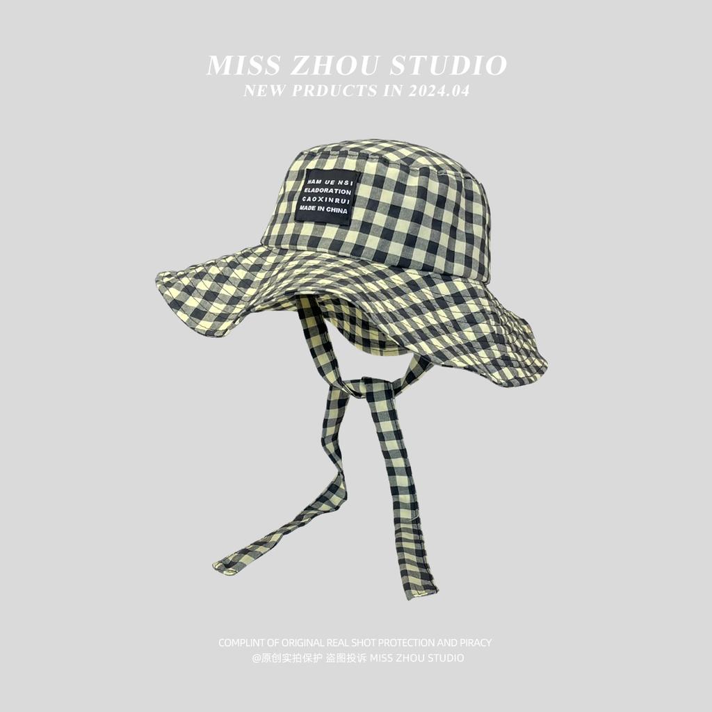 Plaid tied sunshade bucket hat women's idyllic big eaves foldable sunscreen sun hat summer