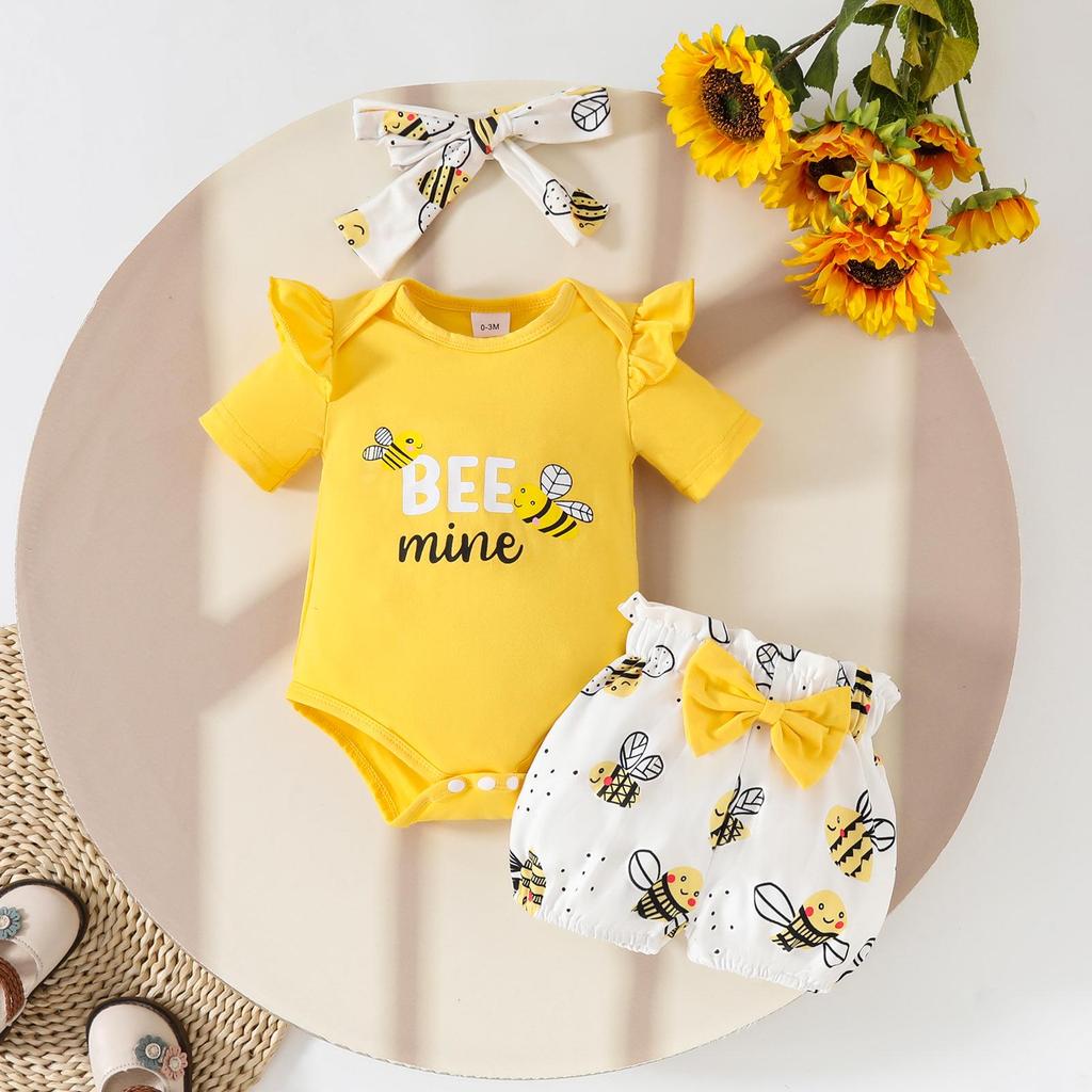 Baby Girl Summer Romper & Shorts Set - "Letter" Top with Belted Flower Pants