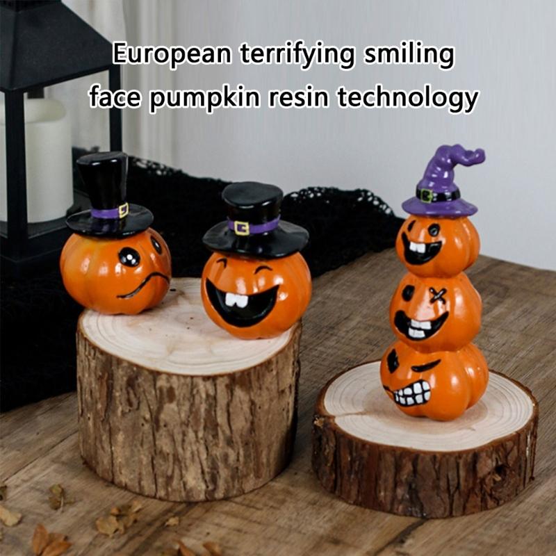 Halloween Pumpkin Ornament Resins Crafts Smiling Grin Face Pumpkin Sculpture For Horror Theme Homes Party Table Decors