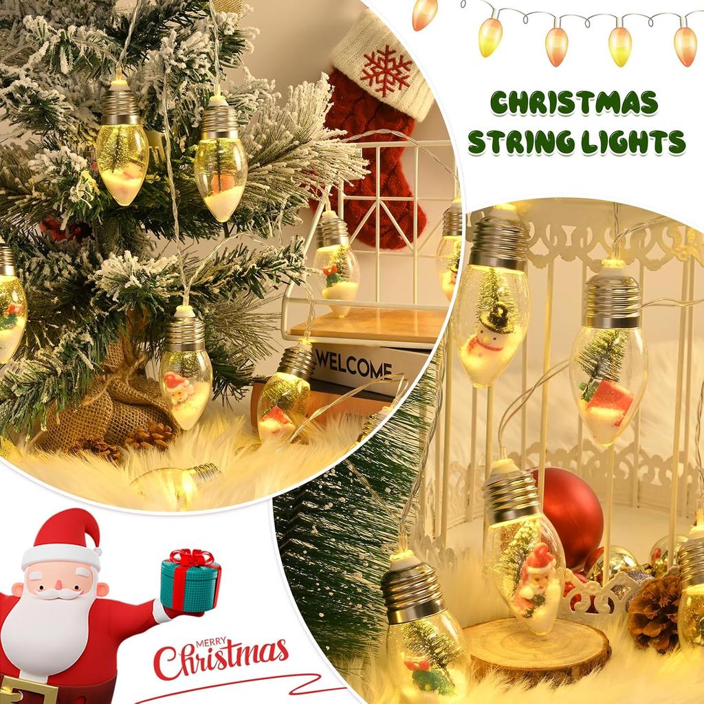 WENMER 2Pcs Christmas Snow Globe String Lights, 13.2FT Vintage Christmas Lights Indoor, 20 LED Globe Bulbs String Light with Snow & Cute Ornaments,
