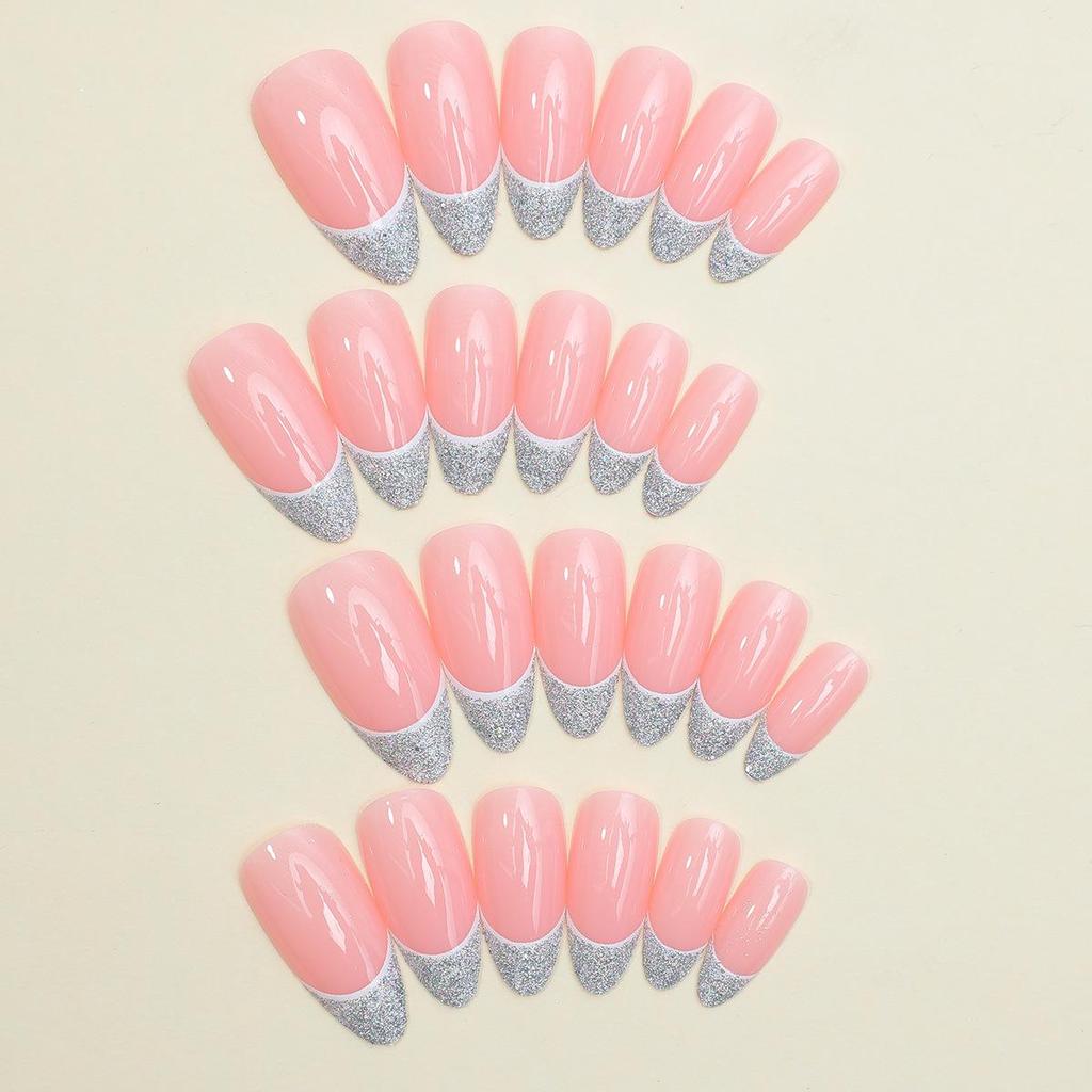 Exclusive Almond-Shaped French Glitter False Nails - Removable Nail Art