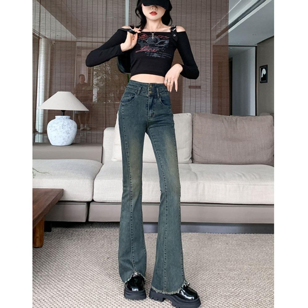 Jean micro-pull tendance personnalisé à double bouton nouveau printemps et automne bord brut ample micro-évasé fer à cheval