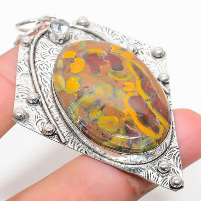 Natural Bamboo Jasper, White Topaz 925 Sterling Silver Pendant 3.07" R8J98