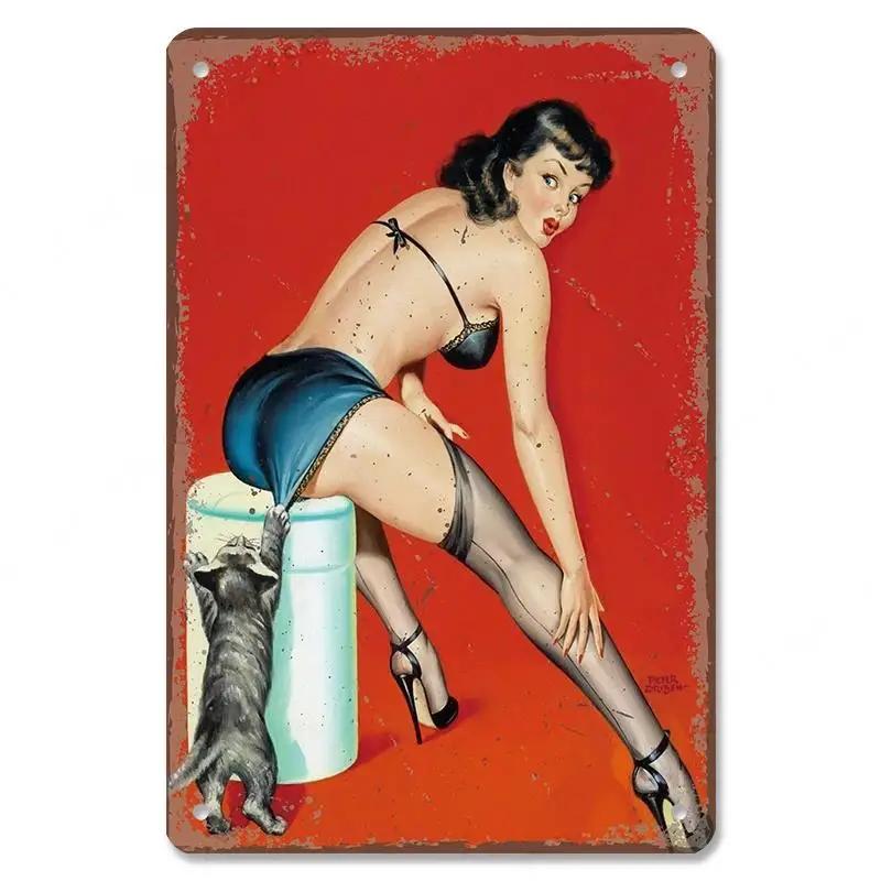 Vintage Metal Sexy Girl Pin Up Girls Plaque Tin Signs Cola Beer Airplane Metal Poster Retro for Bar Pub Club Home Wall Art Decor