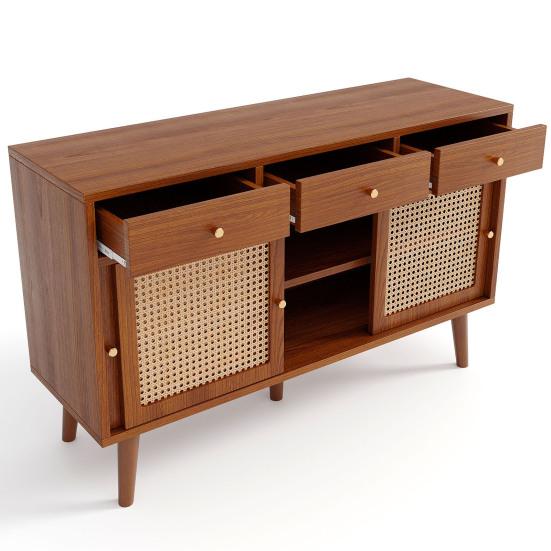 Sideboard, Chest Of Drawers with 3 Drawers and 3 Sliding Doors, Rattan Mesh On The Door Fronts, Legs Made of Solid Wood, Golden Metal Iron Handle,