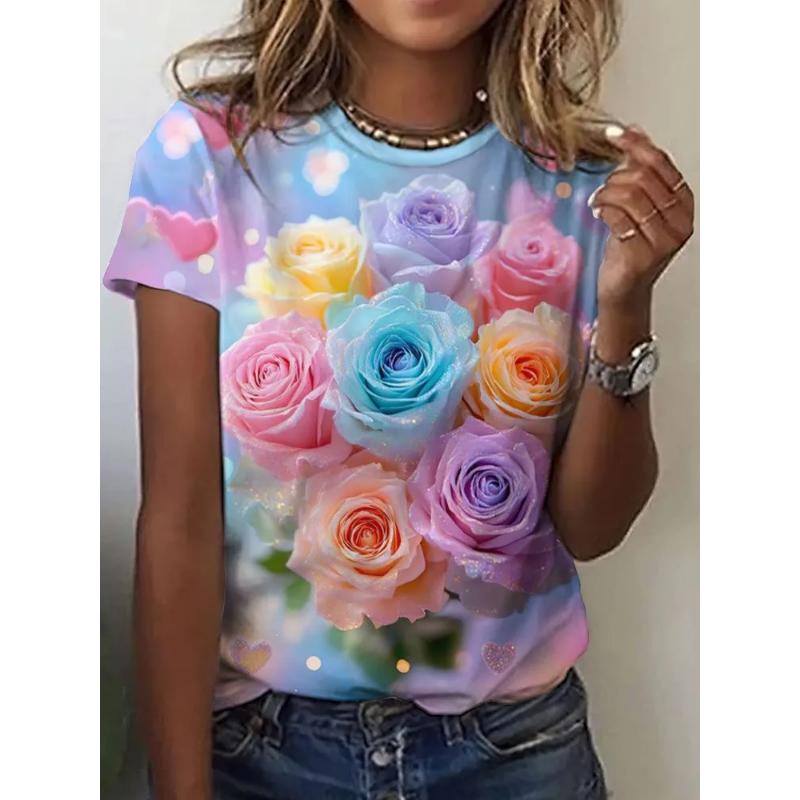 Fashion Women's Crew Neck T-Shirt 3D Flower Color Printing Short Sleeve