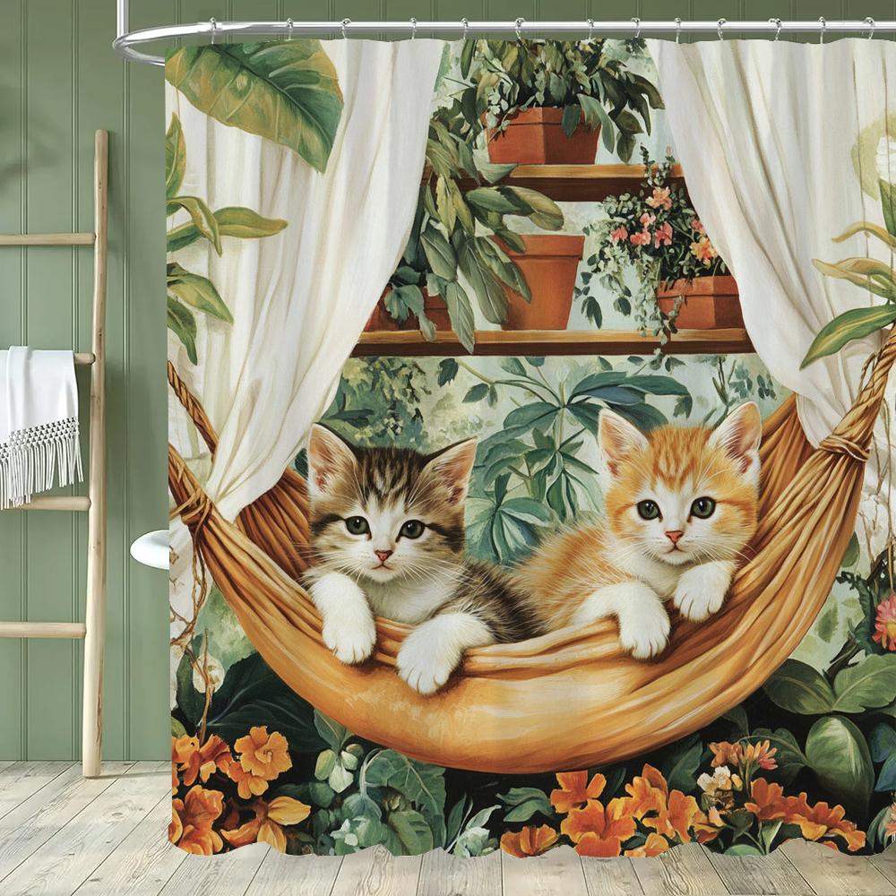 Modern Plant and Cartoon Cute Cat Shower Curtain, Bathroom Decorative Shower Curtain, Printed Polyester Home Curtain with Hooks