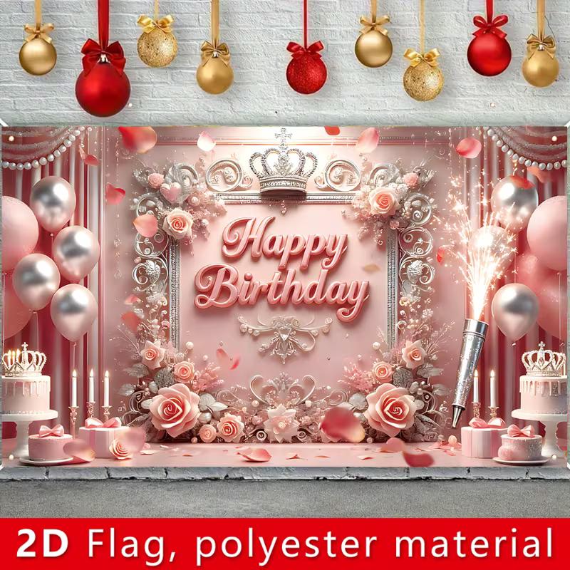 2D Princess Birthday Background Cloth, Pink Balloon & Rose Tapestry