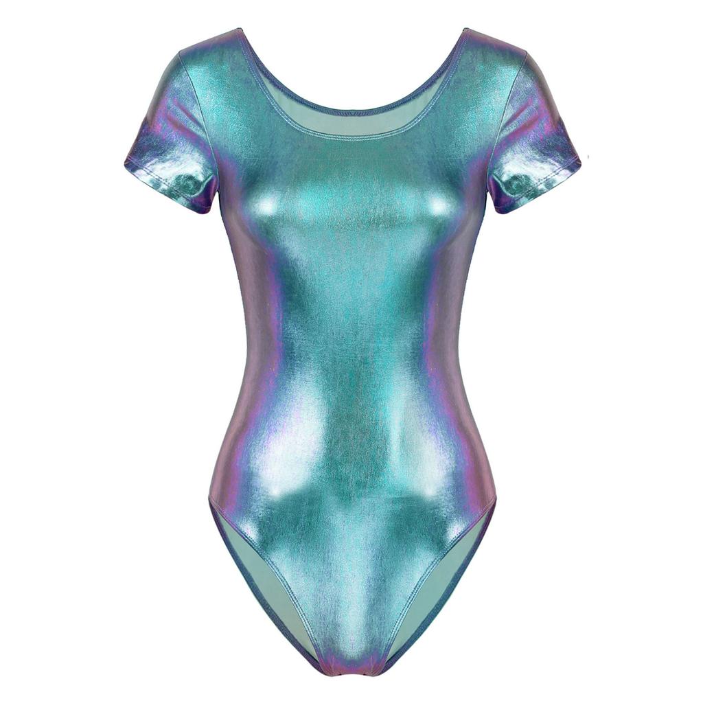 Damen Glänzendes Lackleder Einteiler Leotard Bodysuit Tanzbekleidung Bodys Badeanzug