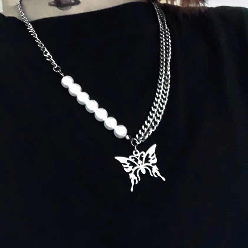 European and American Style Pearl Butterfly Men's Tide Ins Hip-hop Necklace Collarbone Chain Titanium Steel Necklace Men's Decorative Neck Chain